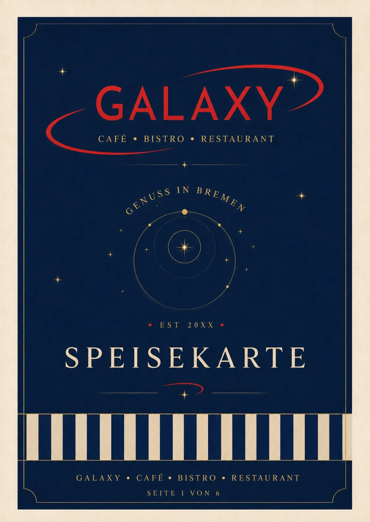 Titelseite der sechsteiligen Galaxy-Speisekarte