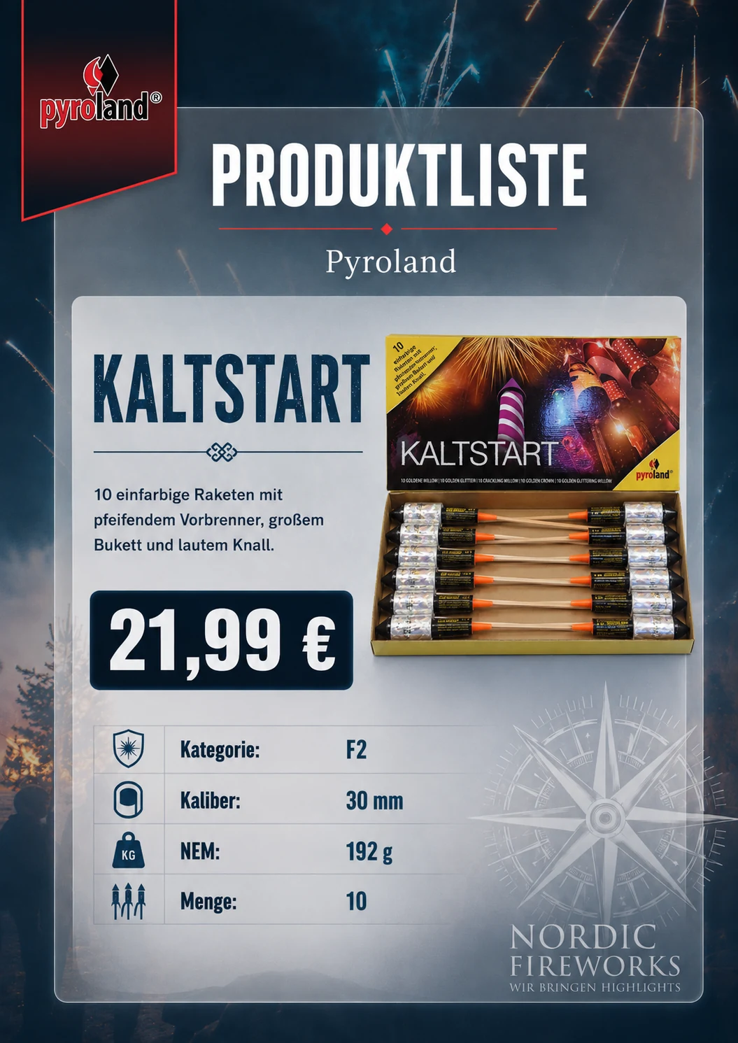 Produktliste für das Raketensortiment Kaltstart
