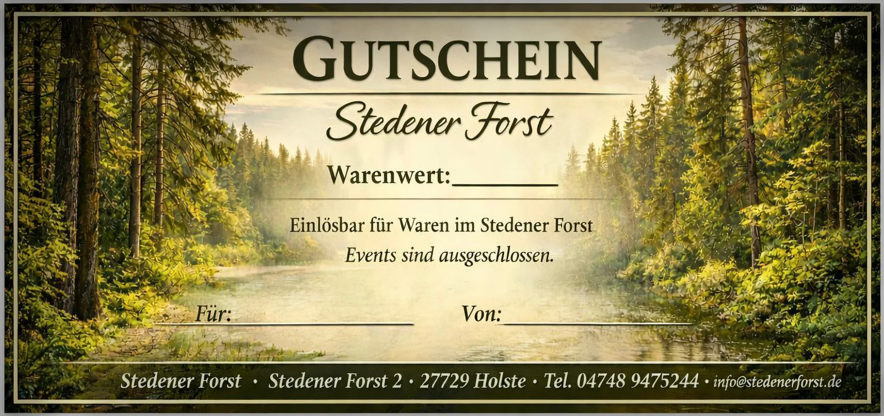 Vorderseite des gestalteten Gutscheins für den Stedener Forst